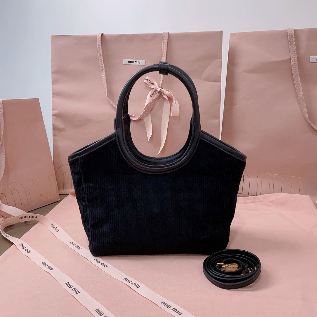 MIU MIU IVY HANDBAG 22 IN BLACK CANVAS