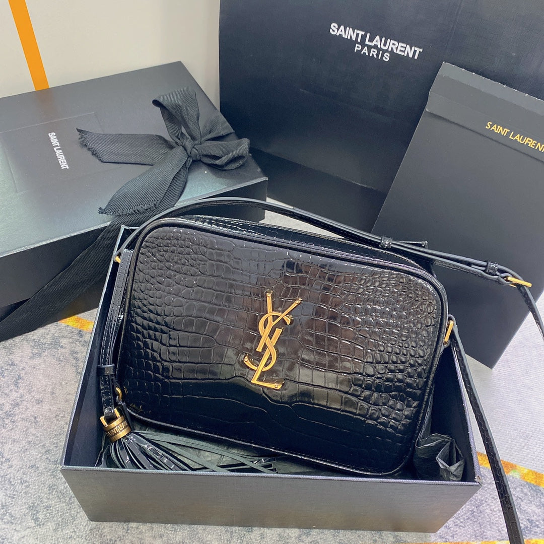 SAINT LAURENT LOU CAMERA BAG 23 IN BLACK CROCODILE PATTERN CALFSKIN GOLD LOGO