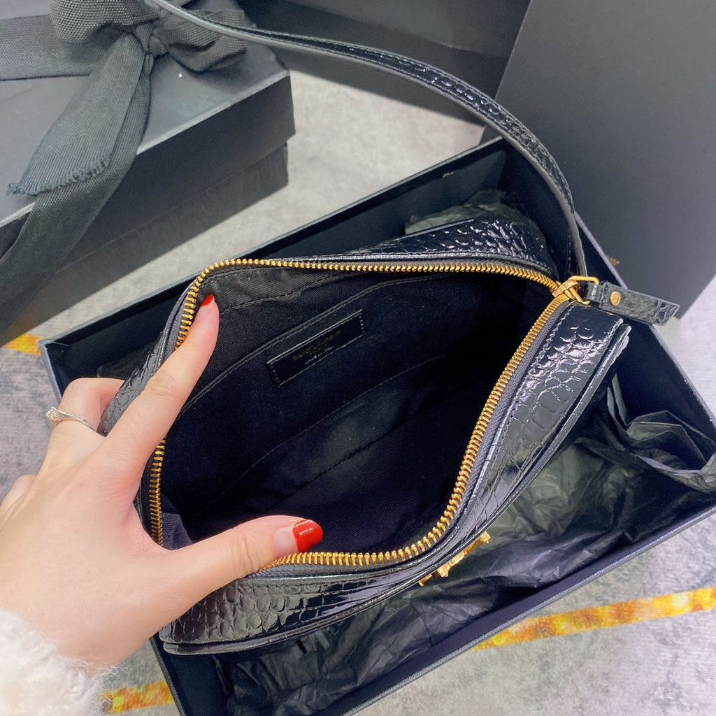 SAINT LAURENT LOU CAMERA BAG 23 IN BLACK CROCODILE PATTERN CALFSKIN GOLD LOGO