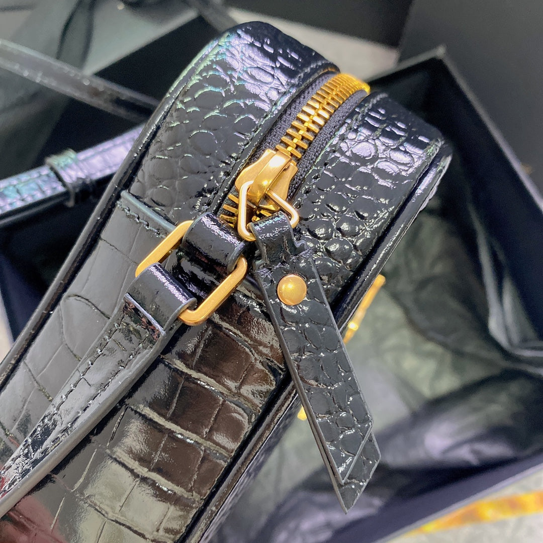 SAINT LAURENT LOU CAMERA BAG 23 IN BLACK CROCODILE PATTERN CALFSKIN GOLD LOGO