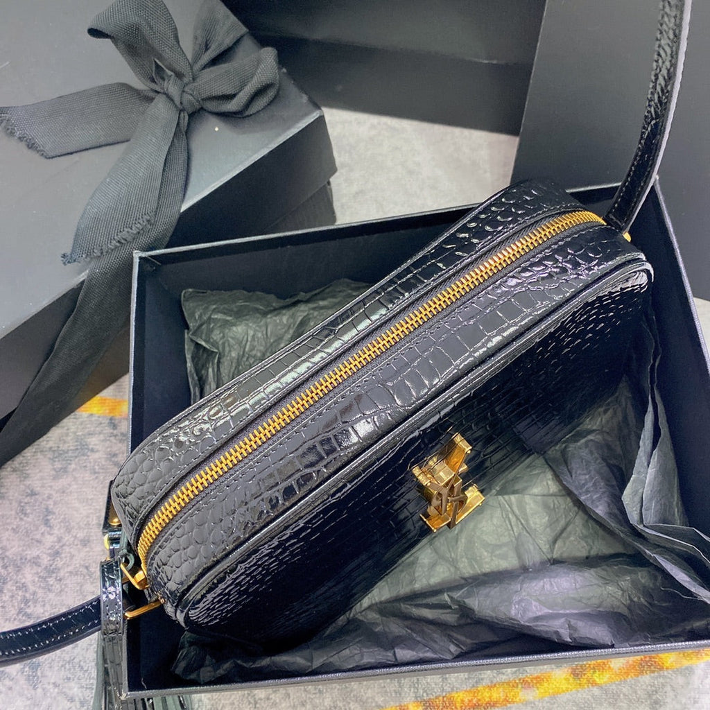 SAINT LAURENT LOU CAMERA BAG 23 IN BLACK CROCODILE PATTERN CALFSKIN GOLD LOGO