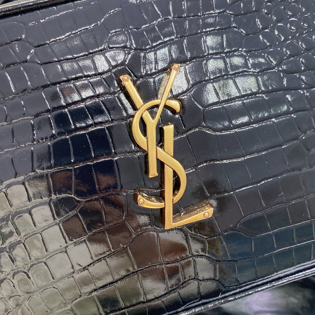 SAINT LAURENT LOU CAMERA BAG 23 IN BLACK CROCODILE PATTERN CALFSKIN GOLD LOGO