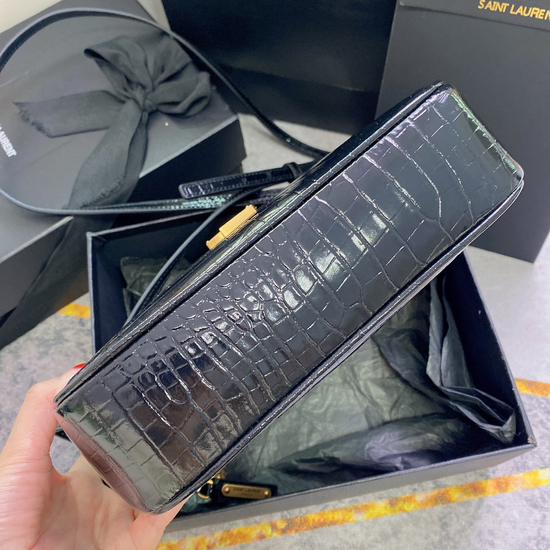 SAINT LAURENT LOU CAMERA BAG 23 IN BLACK CROCODILE PATTERN CALFSKIN GOLD LOGO