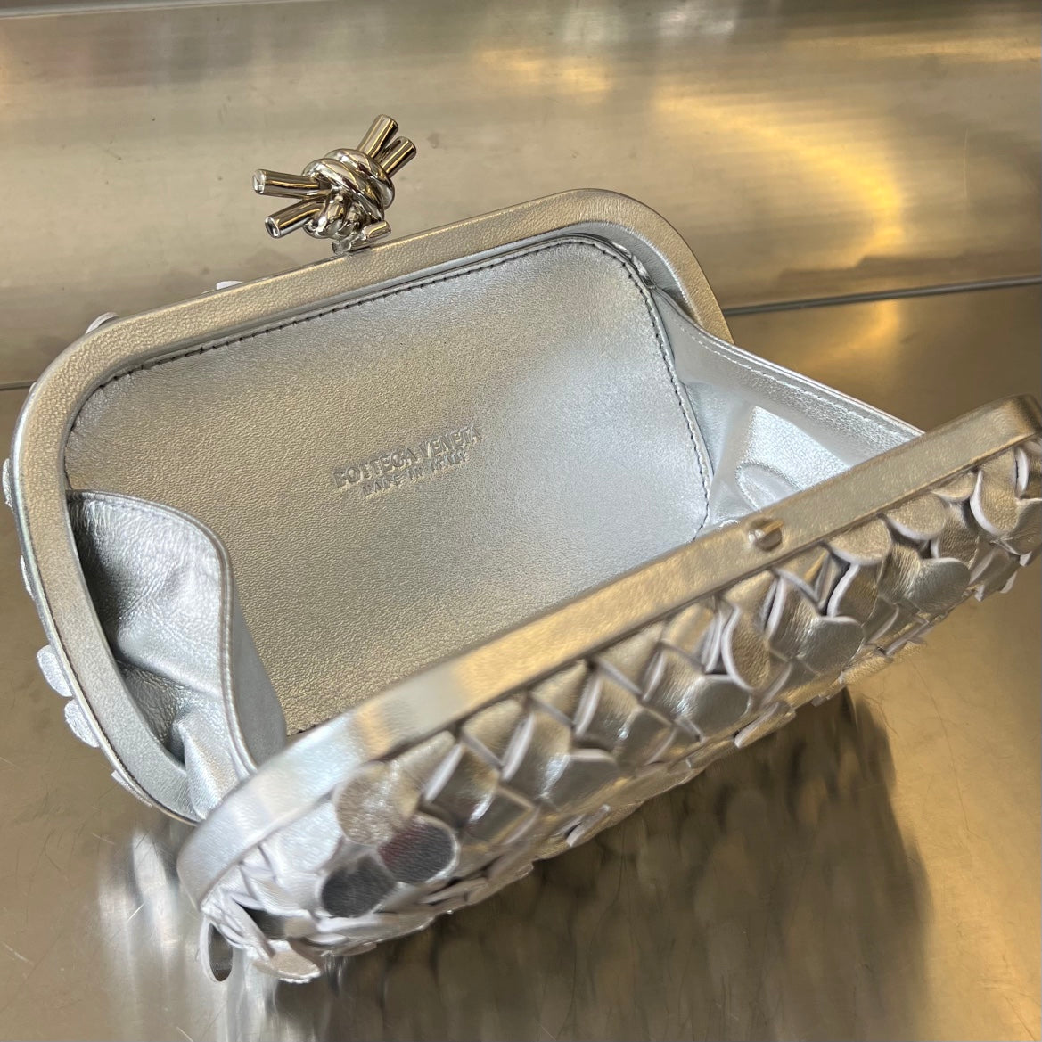 BOTTEGA VENETA SILVER KNOT 19 IN SILVER LAMBSKIN