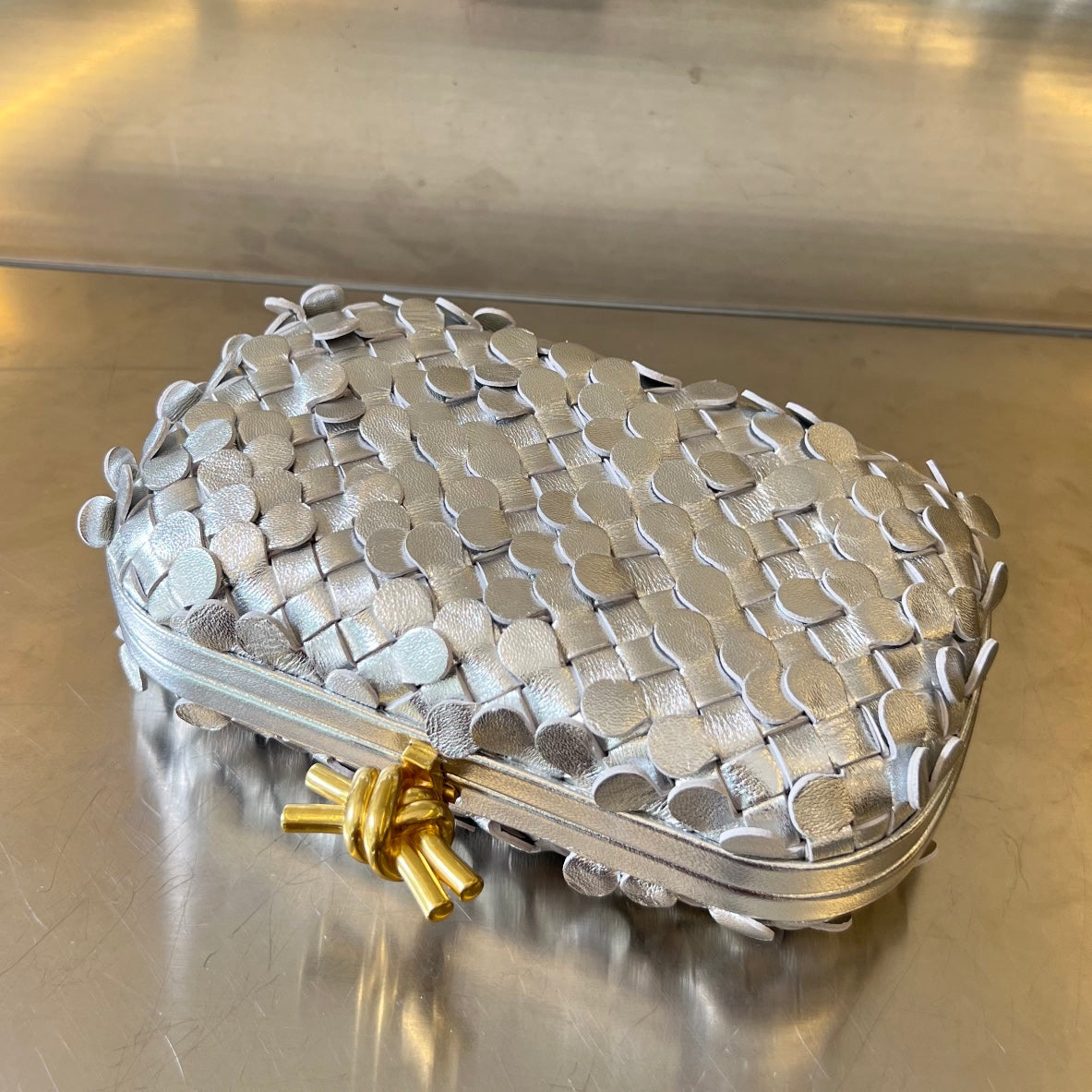 BOTTEGA VENETA GOLDEN KNOT 19 IN SILVER LAMBSKIN
