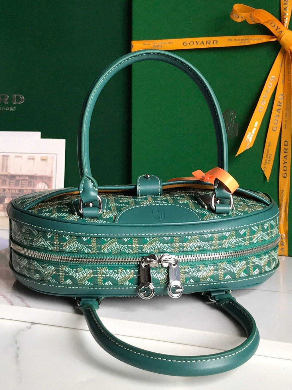 GOYARD SAINT JEANNE MINI BAG 26 IN GREEN GOYARDINE CANVAS AND CALFSKIN