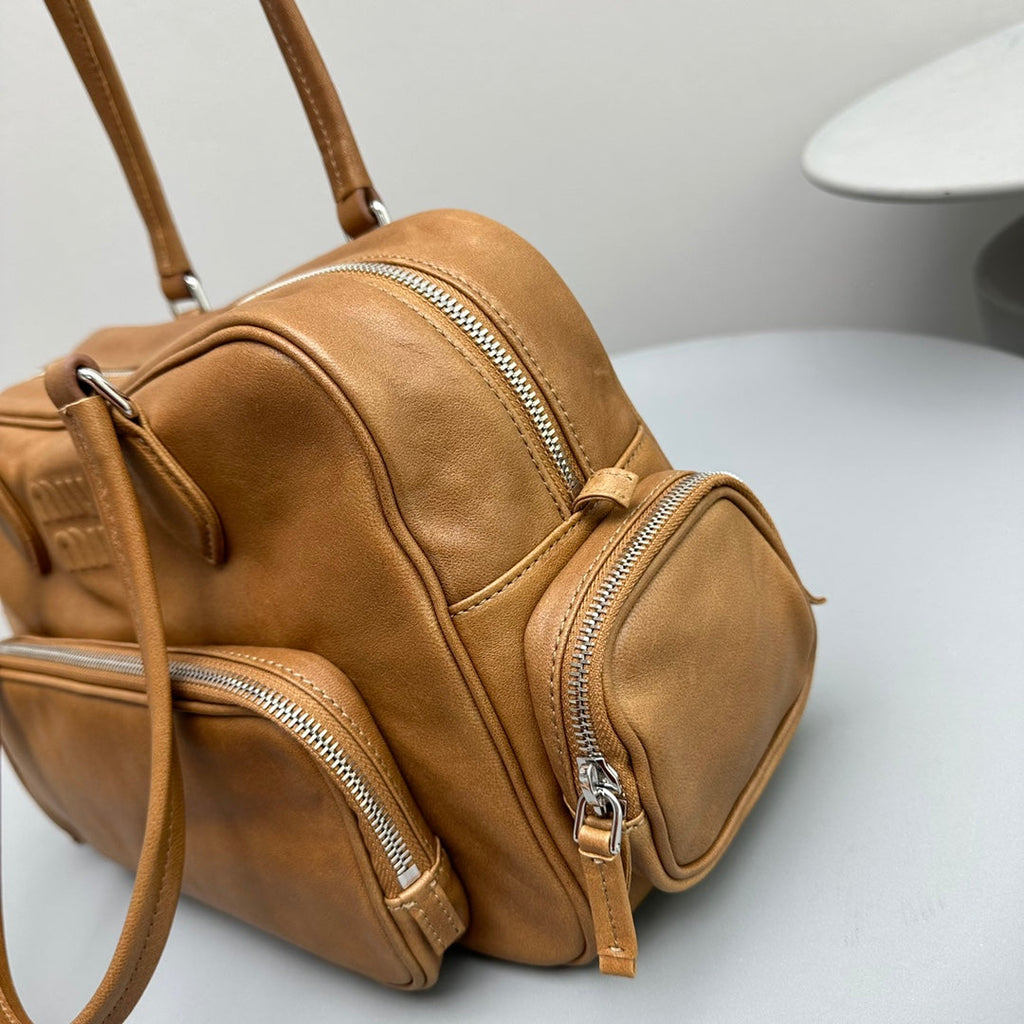 MIU MIU BIKER BAG 31 IN CARAMEL BROWN CALFSKIN