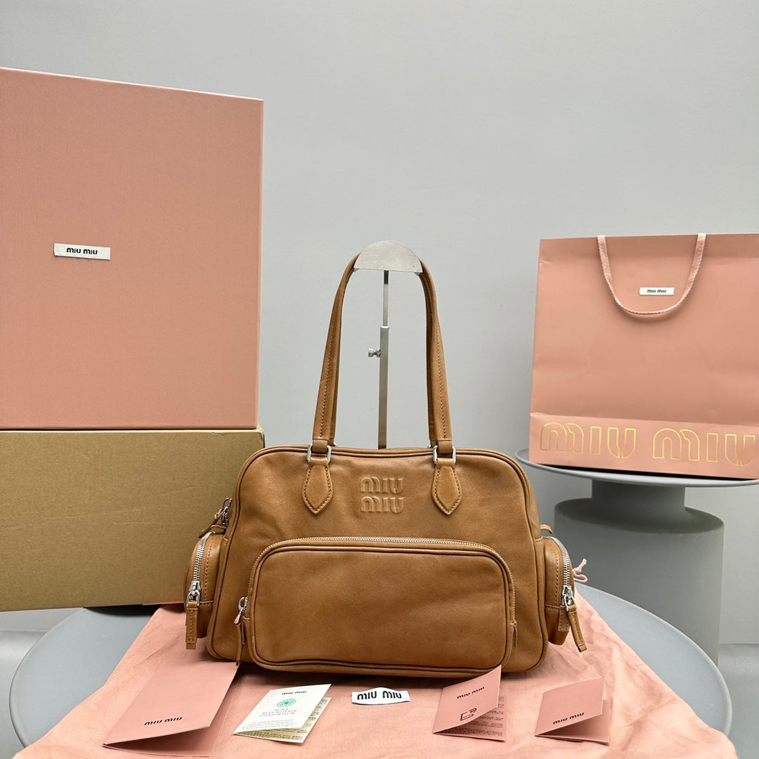 MIU MIU BIKER BAG 31 IN CARAMEL BROWN CALFSKIN