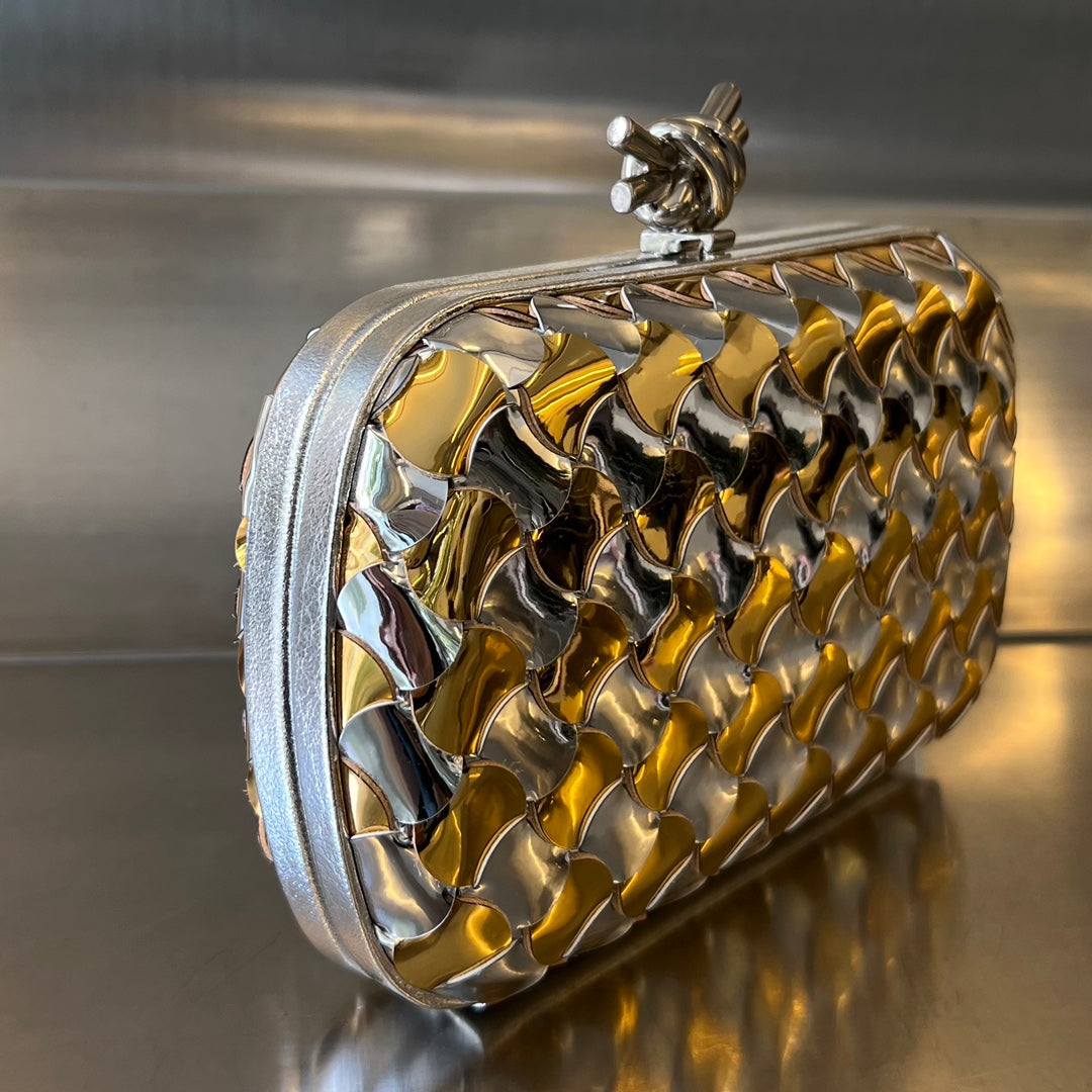BOTTEGA VENETA CLASSIC KNOT 19 IN GOLDEN MIX SILVER LAMBSKIN