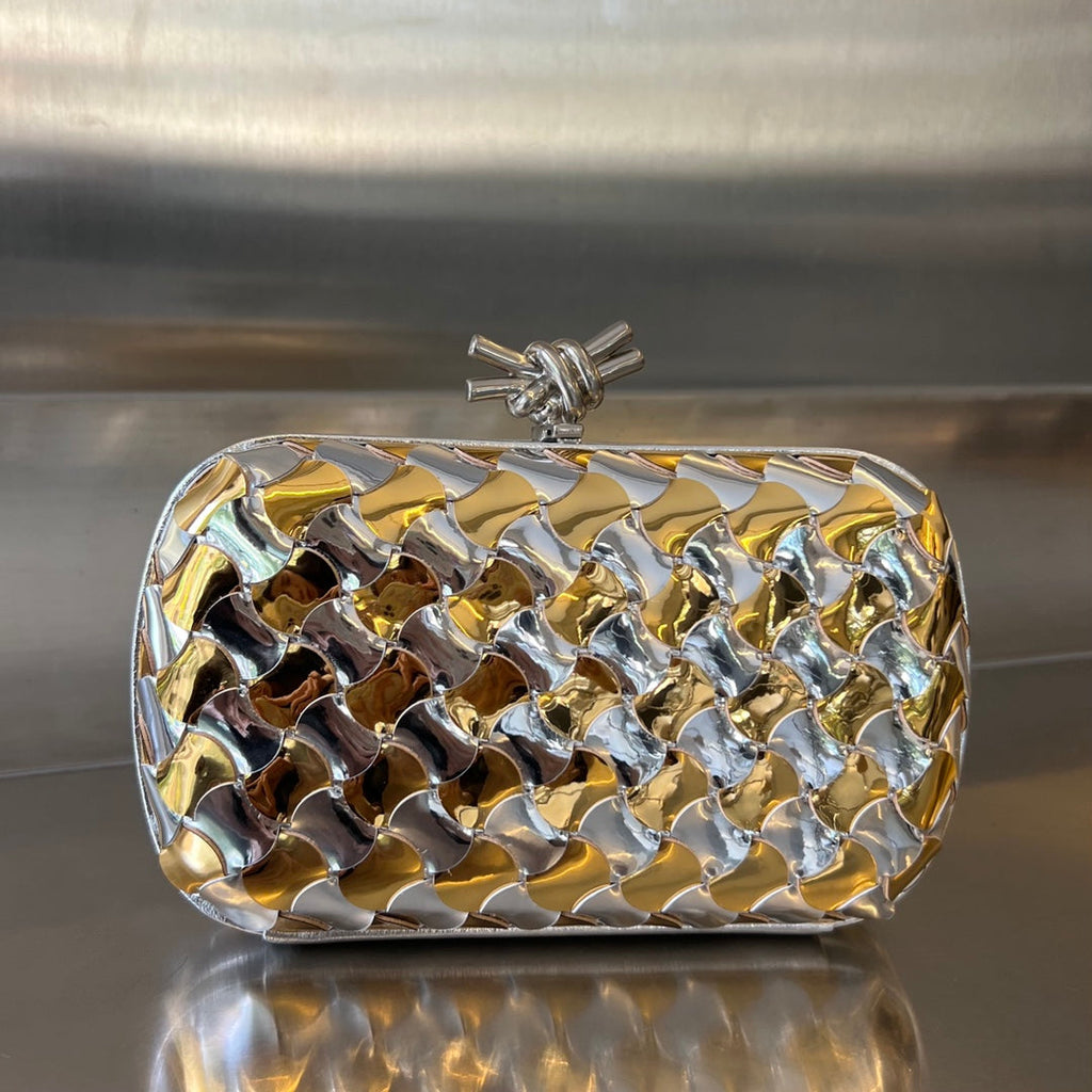 BOTTEGA VENETA CLASSIC KNOT 19 IN GOLDEN MIX SILVER LAMBSKIN