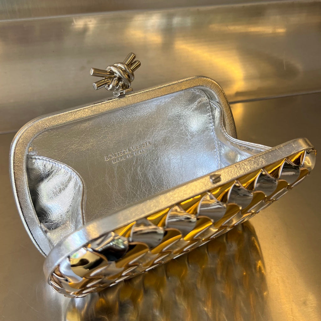 BOTTEGA VENETA CLASSIC KNOT 19 IN GOLDEN MIX SILVER LAMBSKIN