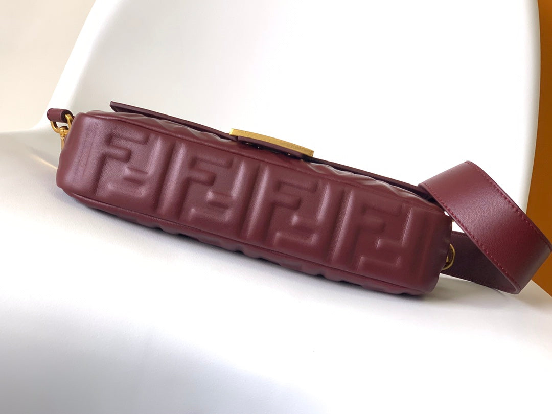 FENDI Fend Baguette 27 Bag With FF Motif Burgundy Leather Ghw