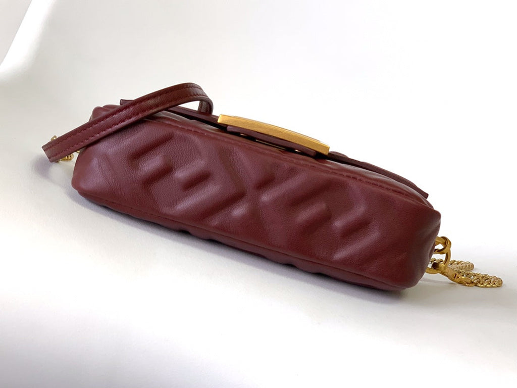 FENDI Mini Baguette Bag 20 With FF Motif Burgundy Leather Ghw