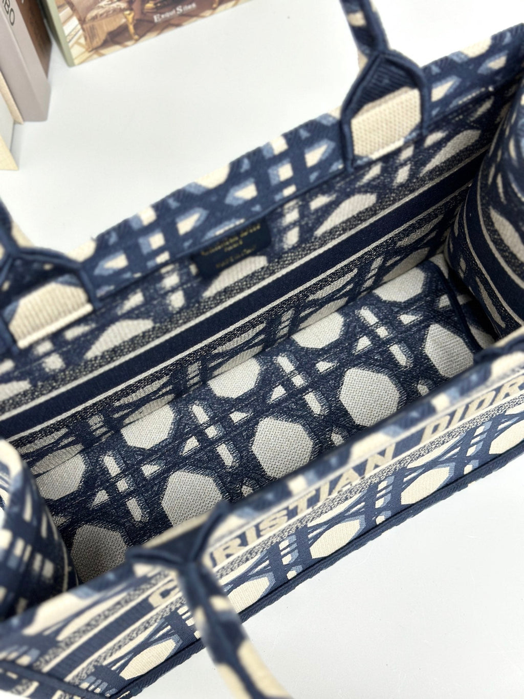 DIOR MEDIUM BOOK TOTE 37 BEIGE AND BLUE MACROCANNAGE EMBROIDERY