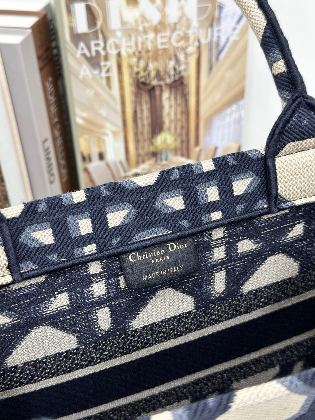 DIOR MEDIUM BOOK TOTE 37 BEIGE AND BLUE MACROCANNAGE EMBROIDERY