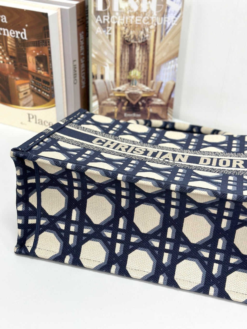 DIOR MEDIUM BOOK TOTE 37 BEIGE AND BLUE MACROCANNAGE EMBROIDERY