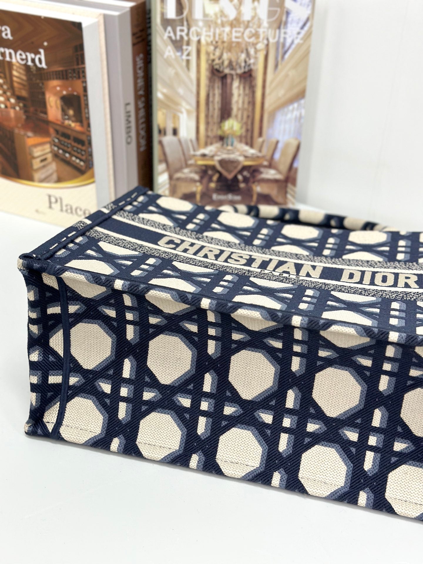 DIOR MEDIUM BOOK TOTE 37 BEIGE AND BLUE MACROCANNAGE EMBROIDERY