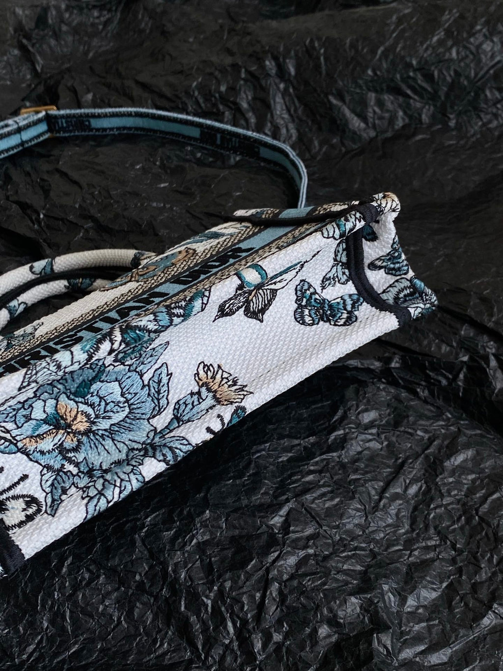 DIOR MINI BOOK TOTE 21 BUTTERFLY PATTERN BLUE CALFSKIN