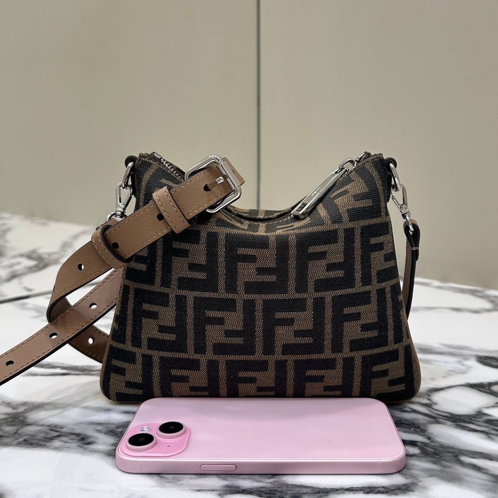 FENDI SHOULDER BAG 19 WITH FF MOTIF IN BROWN JACQUARD FABRIC