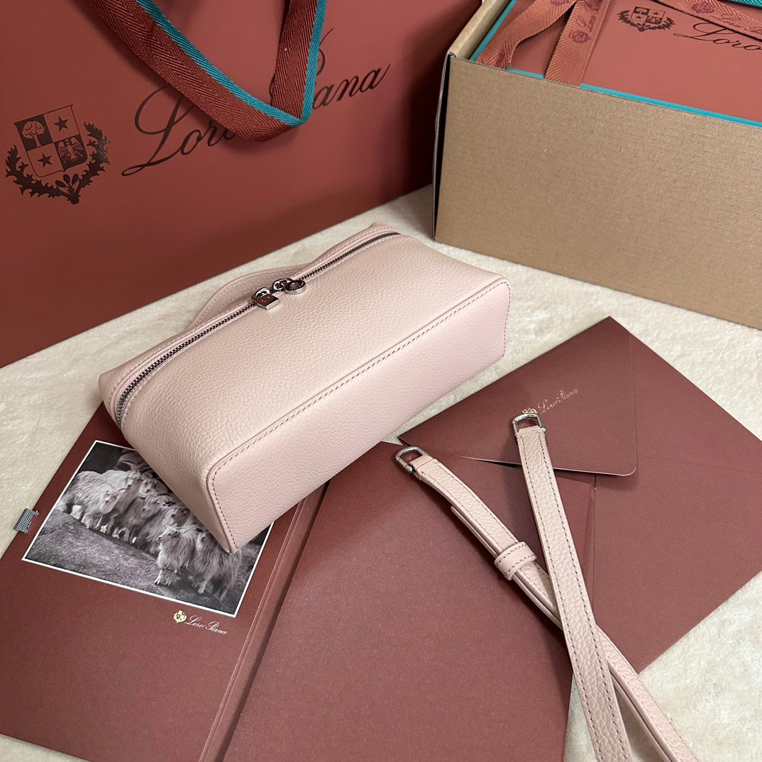 LORO PIANA EXTRA POCKET L19 IN BLUSH PINK GRAINED CALFSKIN WITH SILVER HARDWARE