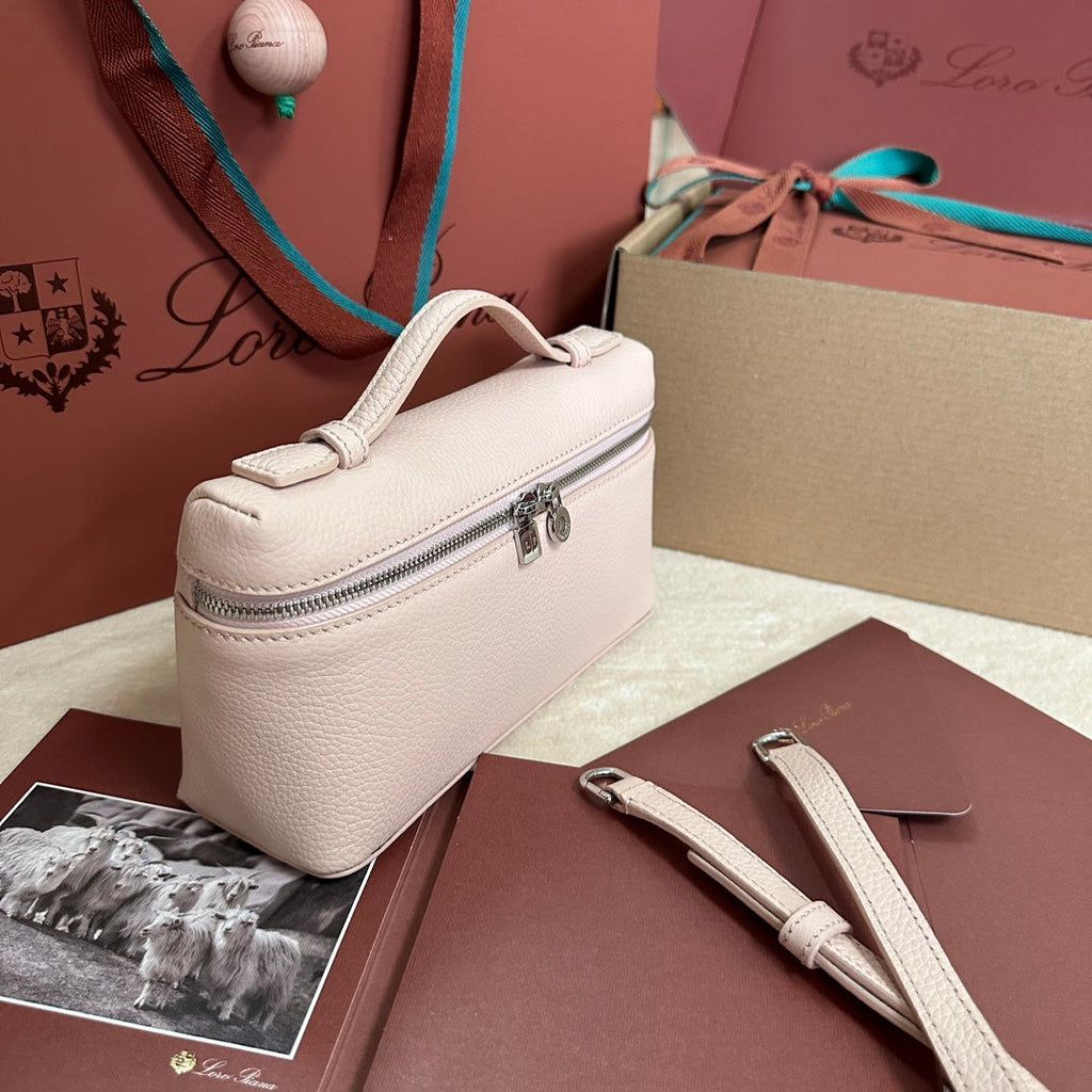 LORO PIANA EXTRA POCKET L19 IN BLUSH PINK GRAINED CALFSKIN WITH SILVER HARDWARE
