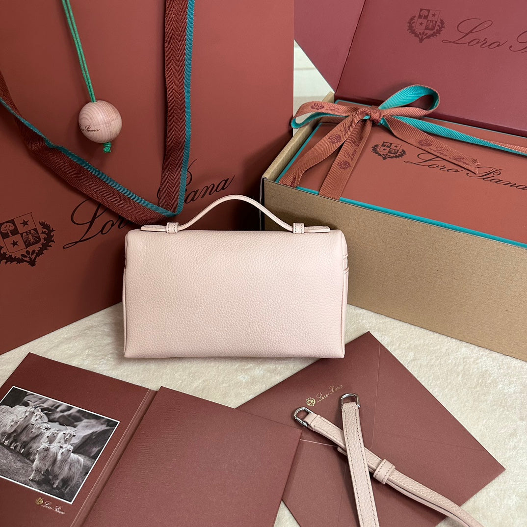 LORO PIANA EXTRA POCKET L19 IN BLUSH PINK GRAINED CALFSKIN WITH SILVER HARDWARE