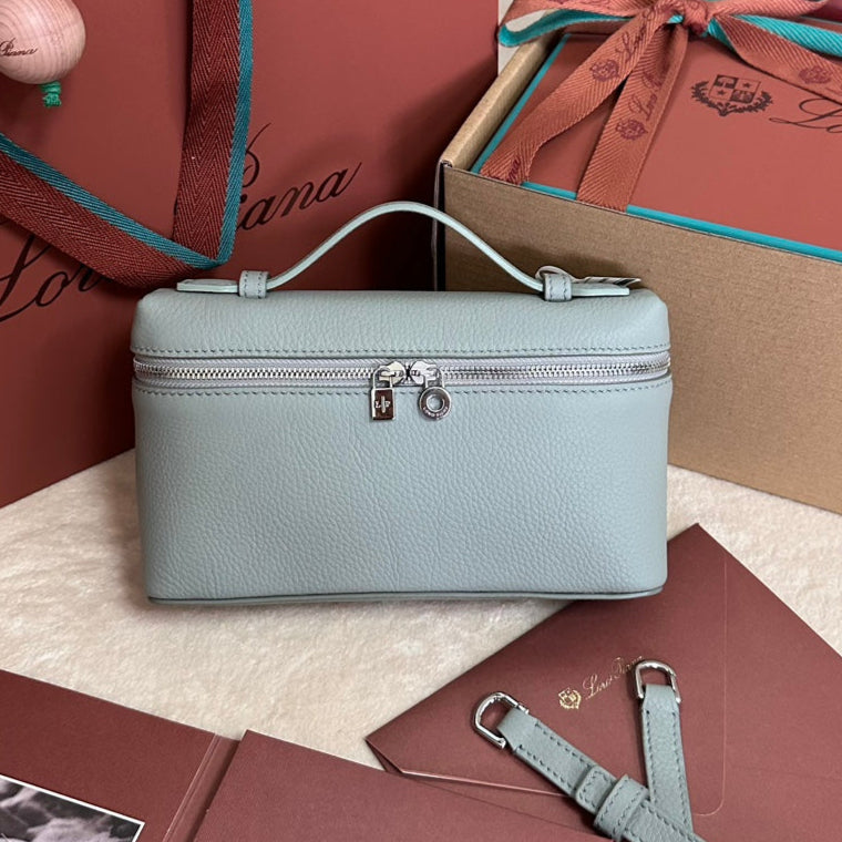 LORO PIANA EXTRA POCKET L19 IN POWDER BLUE GRAINED CALFSKIN WITH SILVER HARDWARE