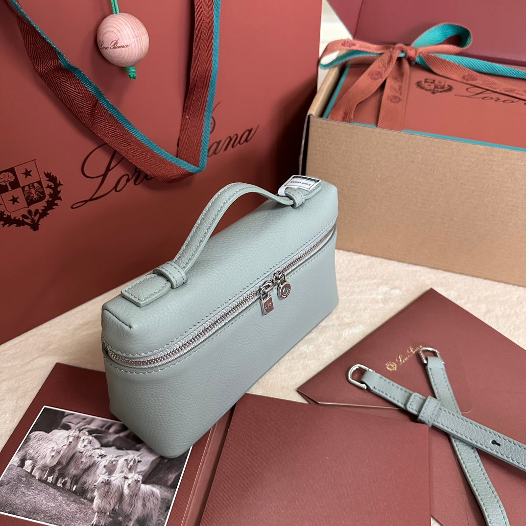 LORO PIANA EXTRA POCKET L19 IN POWDER BLUE GRAINED CALFSKIN WITH SILVER HARDWARE