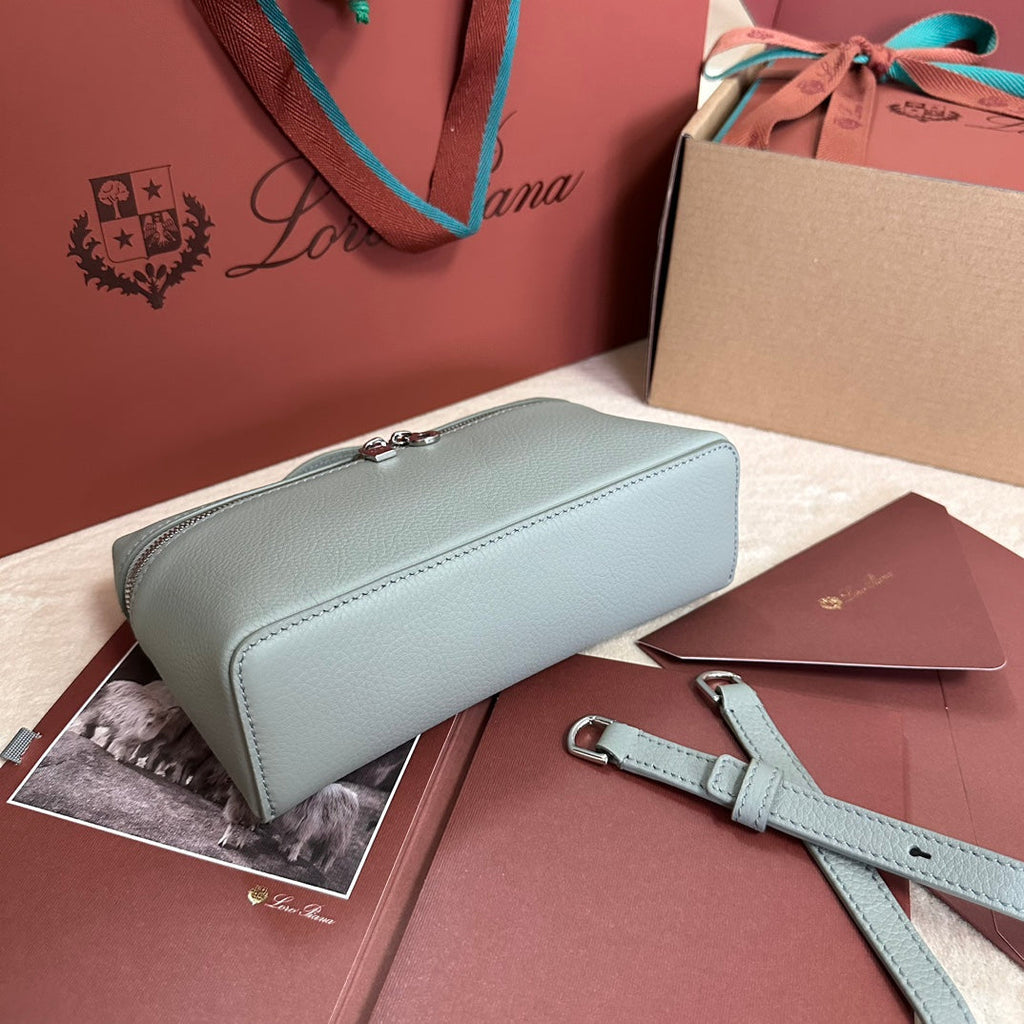 LORO PIANA EXTRA POCKET L19 IN POWDER BLUE GRAINED CALFSKIN WITH SILVER HARDWARE