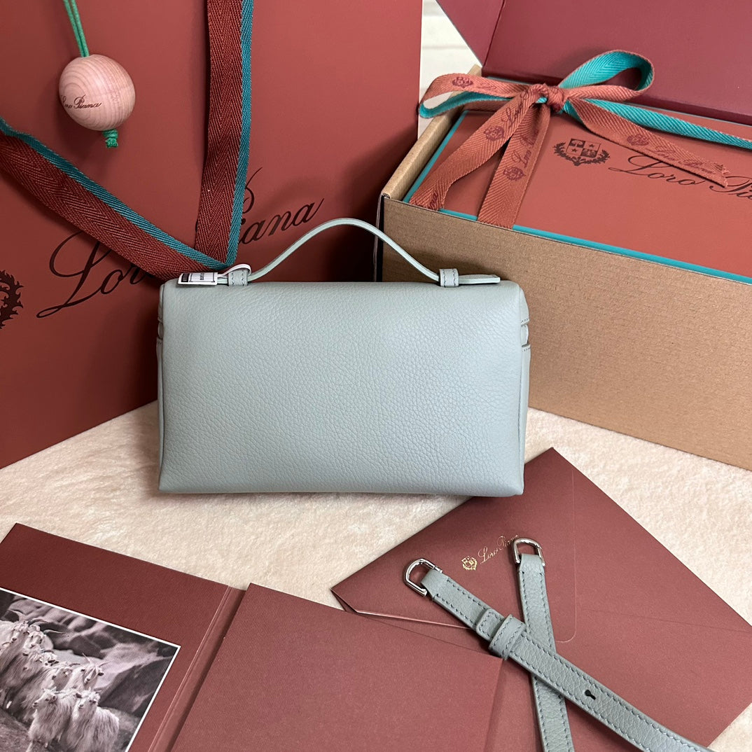 LORO PIANA EXTRA POCKET L19 IN POWDER BLUE GRAINED CALFSKIN WITH SILVER HARDWARE