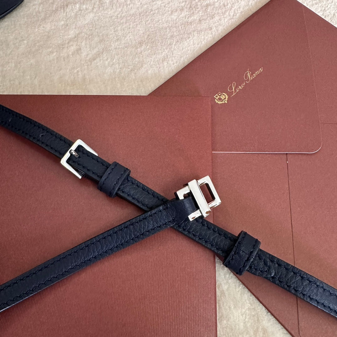 LORO PIANA EXTRA POCKET L19 IN NAVY BLUE GRAINED CALFSKIN WITH SILVER HARDWARE