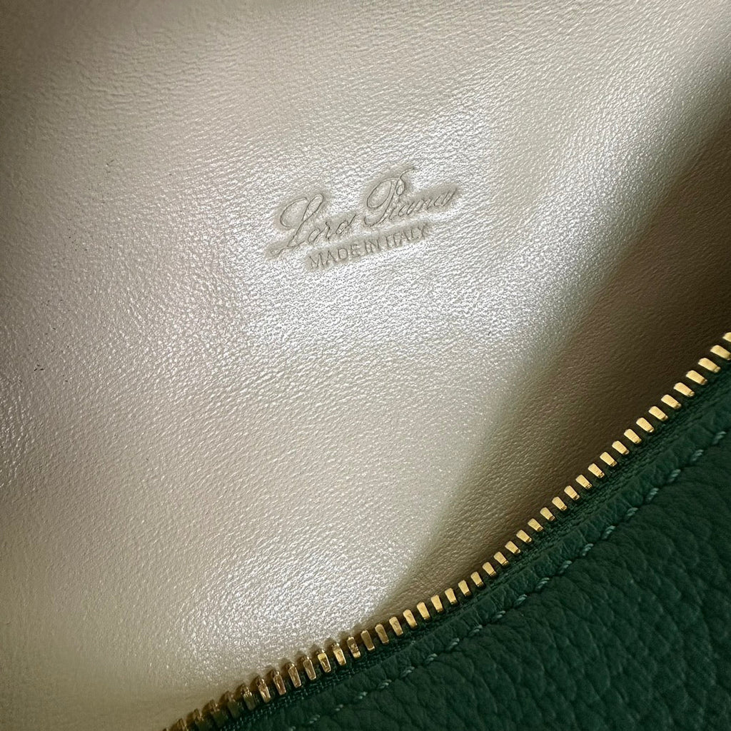 LORO PIANA EXTRA POCKET L19 IN GREEN FOREST GRAINED CALFSKIN WITH GOLD HARDWARE