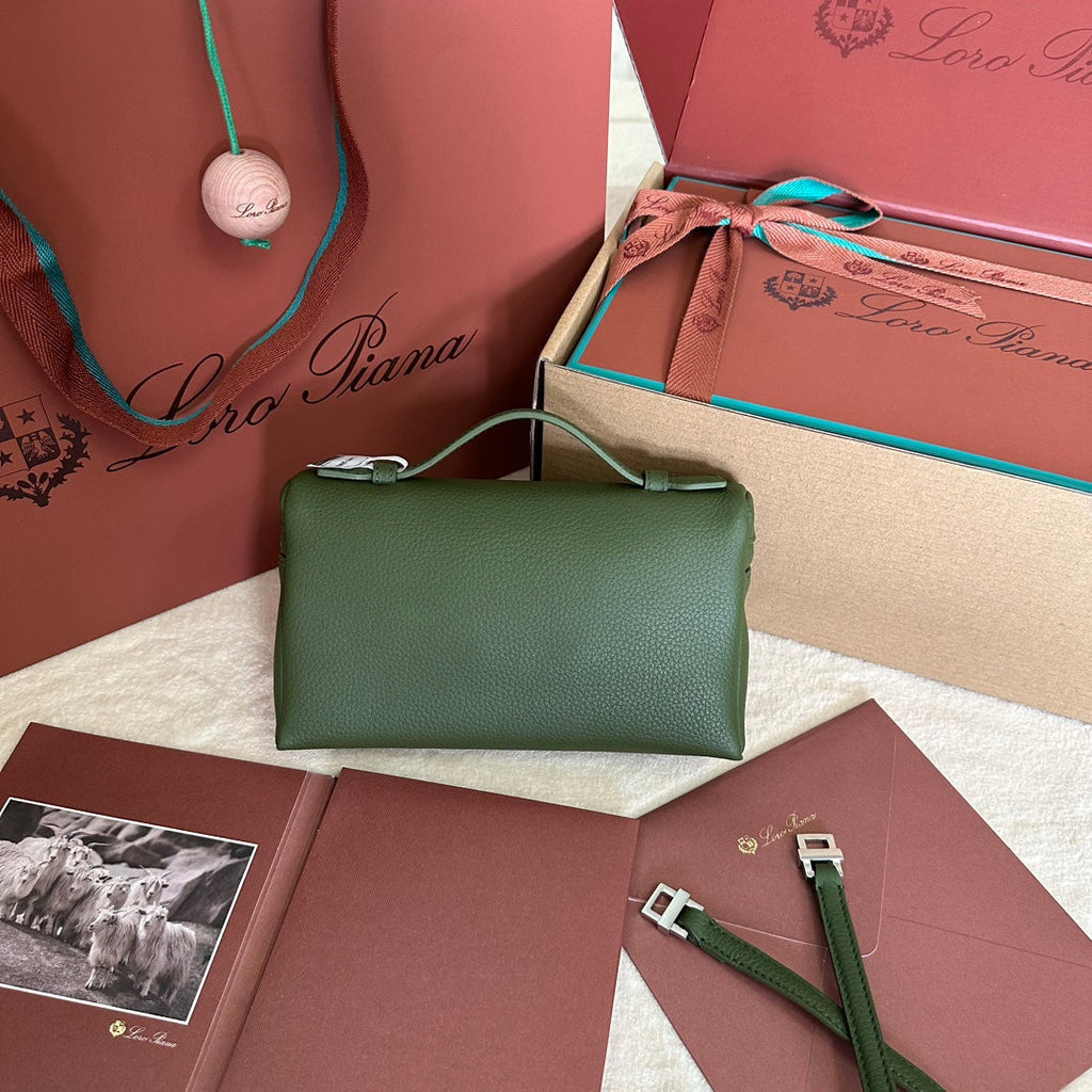 LORO PIANA EXTRA POCKET L19 IN PINE GREEN CALFSKIN WITH SILVER HARDWARE