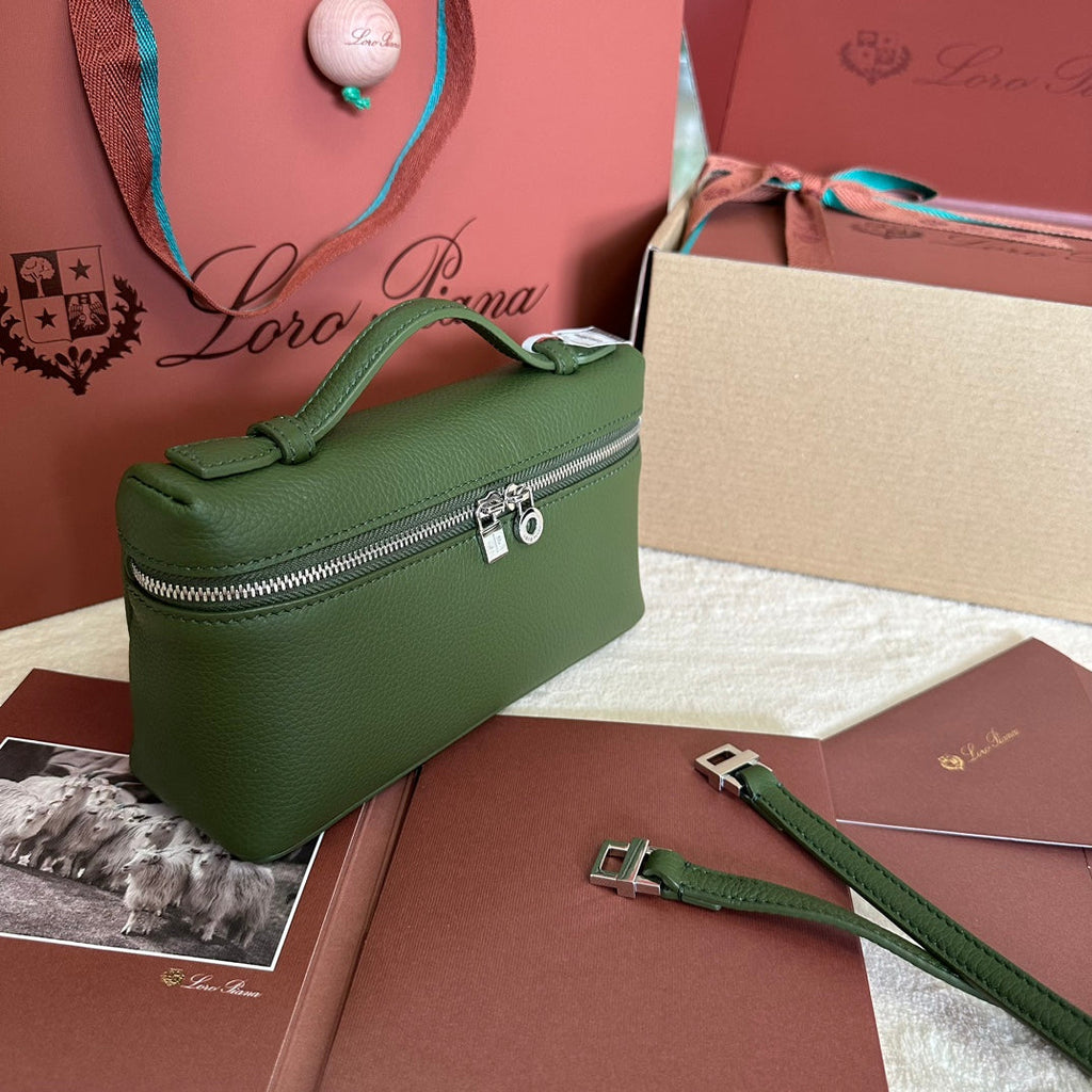 LORO PIANA EXTRA POCKET L19 IN PINE GREEN CALFSKIN WITH SILVER HARDWARE
