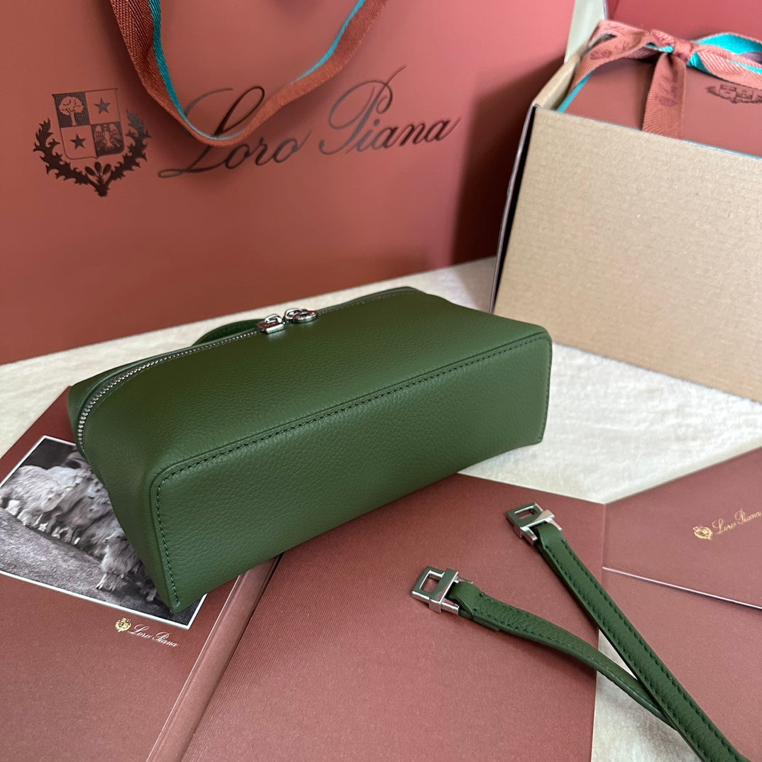 LORO PIANA EXTRA POCKET L19 IN PINE GREEN CALFSKIN WITH SILVER HARDWARE