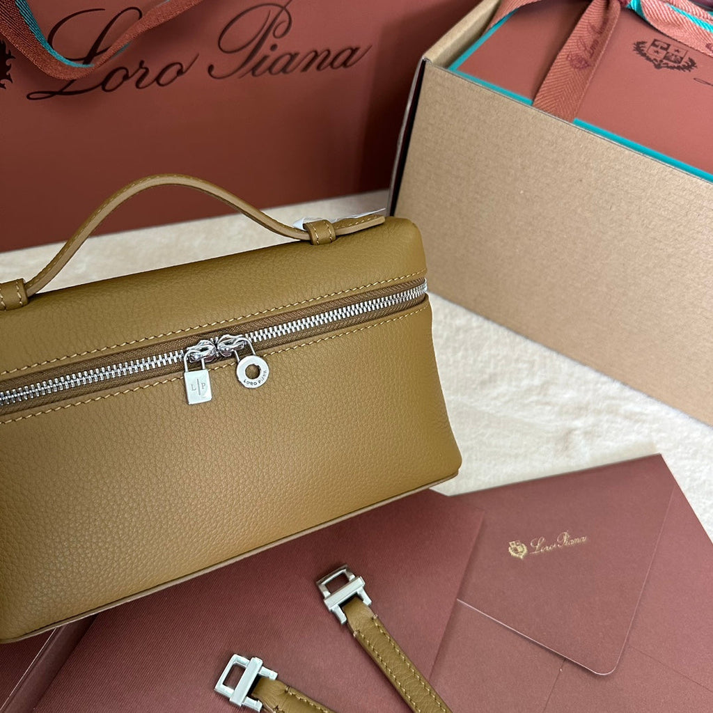 LORO PIANA EXTRA POCKET L19 IN DIJON YELLOW GRAINED CALFSKIN WITH SILVER HARDWARE