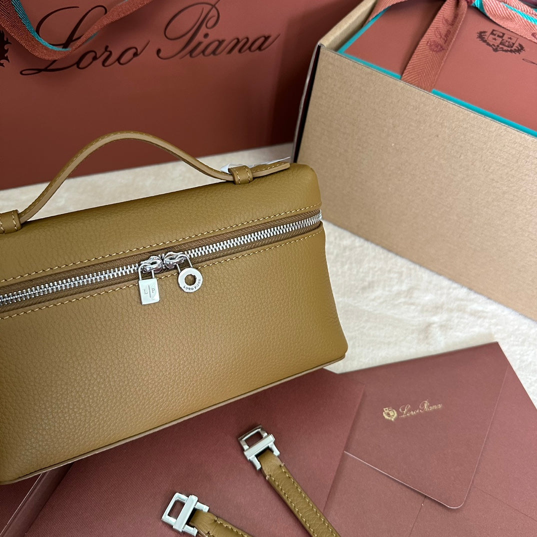LORO PIANA EXTRA POCKET L19 IN DIJON YELLOW GRAINED CALFSKIN WITH SILVER HARDWARE