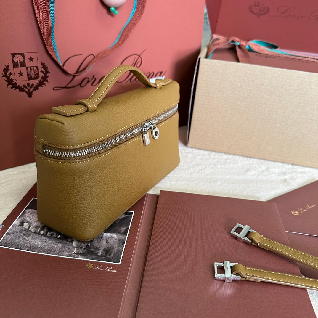 LORO PIANA EXTRA POCKET L19 IN DIJON YELLOW GRAINED CALFSKIN WITH SILVER HARDWARE