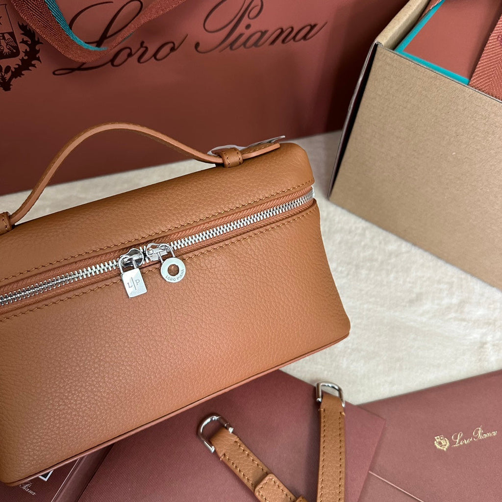 LORO PIANA EXTRA POCKET L19 IN BRONZE BROWN CALFSKIN WITH SILVER HARDWARE