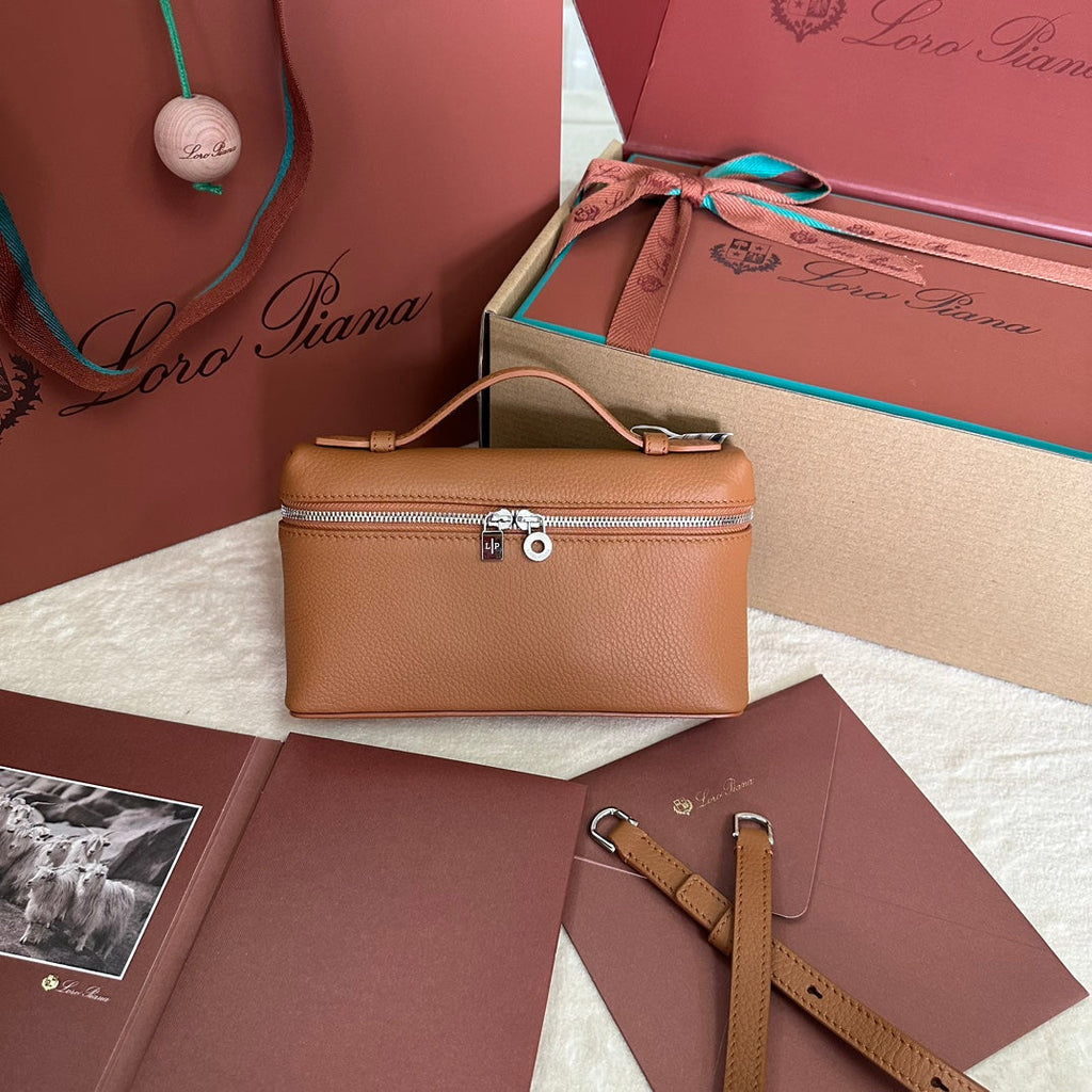 LORO PIANA EXTRA POCKET L19 IN BRONZE BROWN CALFSKIN WITH SILVER HARDWARE