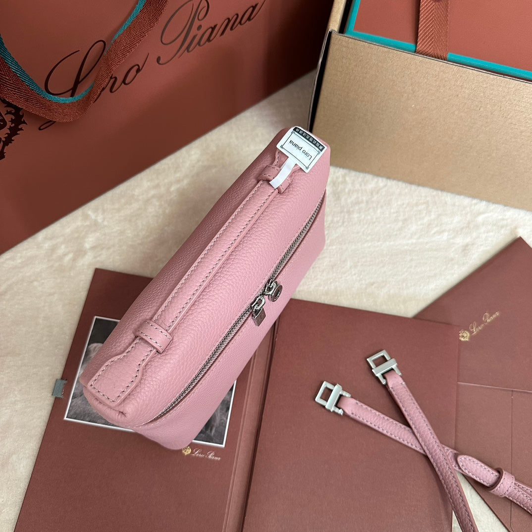 LORO PIANA EXTRA POCKET L19 IN FLAMINGO PINK GRAINED CALFSKIN WITH SILVER HARDWARE