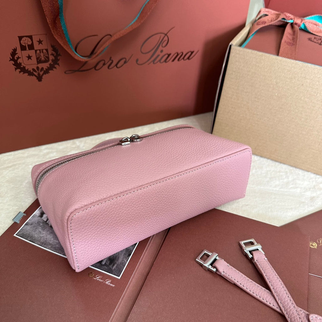 LORO PIANA EXTRA POCKET L19 IN FLAMINGO PINK GRAINED CALFSKIN WITH SILVER HARDWARE