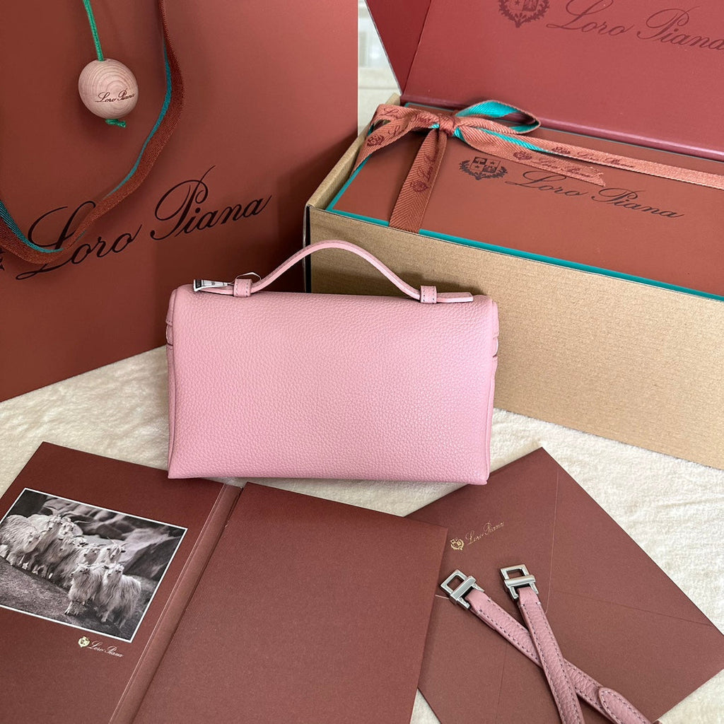 LORO PIANA EXTRA POCKET L19 IN FLAMINGO PINK GRAINED CALFSKIN WITH SILVER HARDWARE