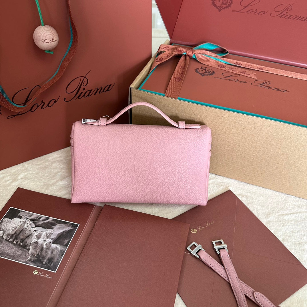 LORO PIANA EXTRA POCKET L19 IN FLAMINGO PINK GRAINED CALFSKIN WITH SILVER HARDWARE