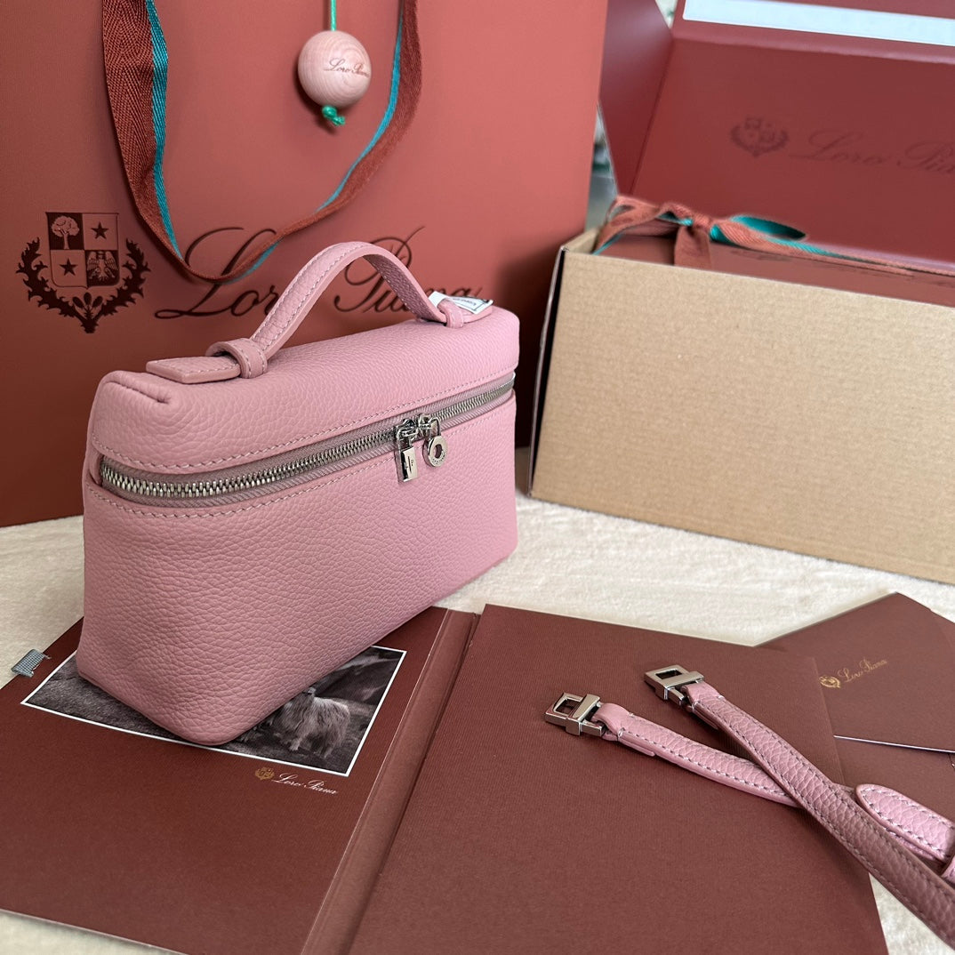LORO PIANA EXTRA POCKET L19 IN FLAMINGO PINK GRAINED CALFSKIN WITH SILVER HARDWARE