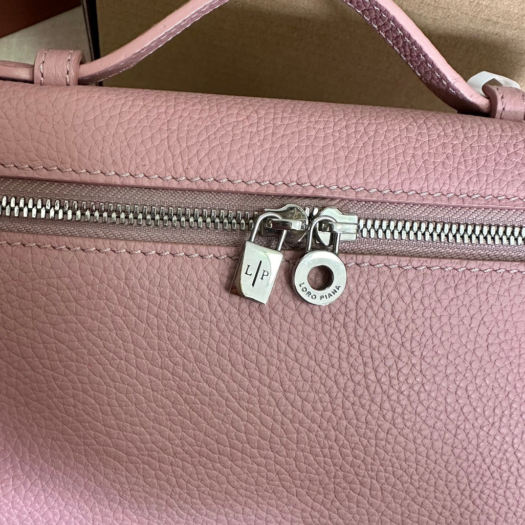 LORO PIANA EXTRA POCKET L19 IN FLAMINGO PINK GRAINED CALFSKIN WITH SILVER HARDWARE