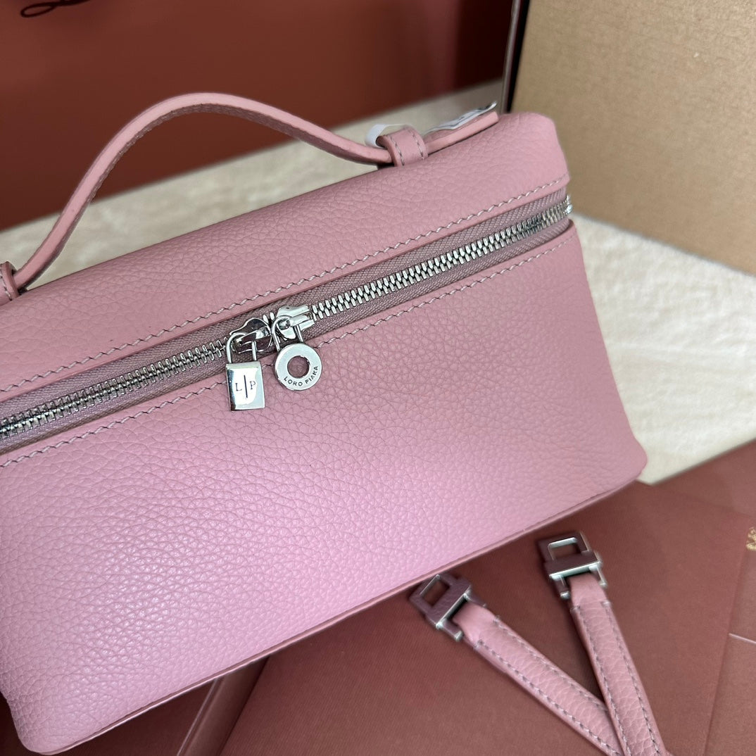 LORO PIANA EXTRA POCKET L19 IN FLAMINGO PINK GRAINED CALFSKIN WITH SILVER HARDWARE