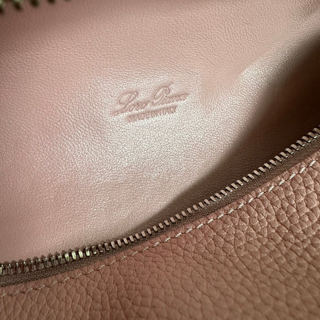 LORO PIANA EXTRA POCKET L19 IN FLAMINGO PINK GRAINED CALFSKIN WITH SILVER HARDWARE