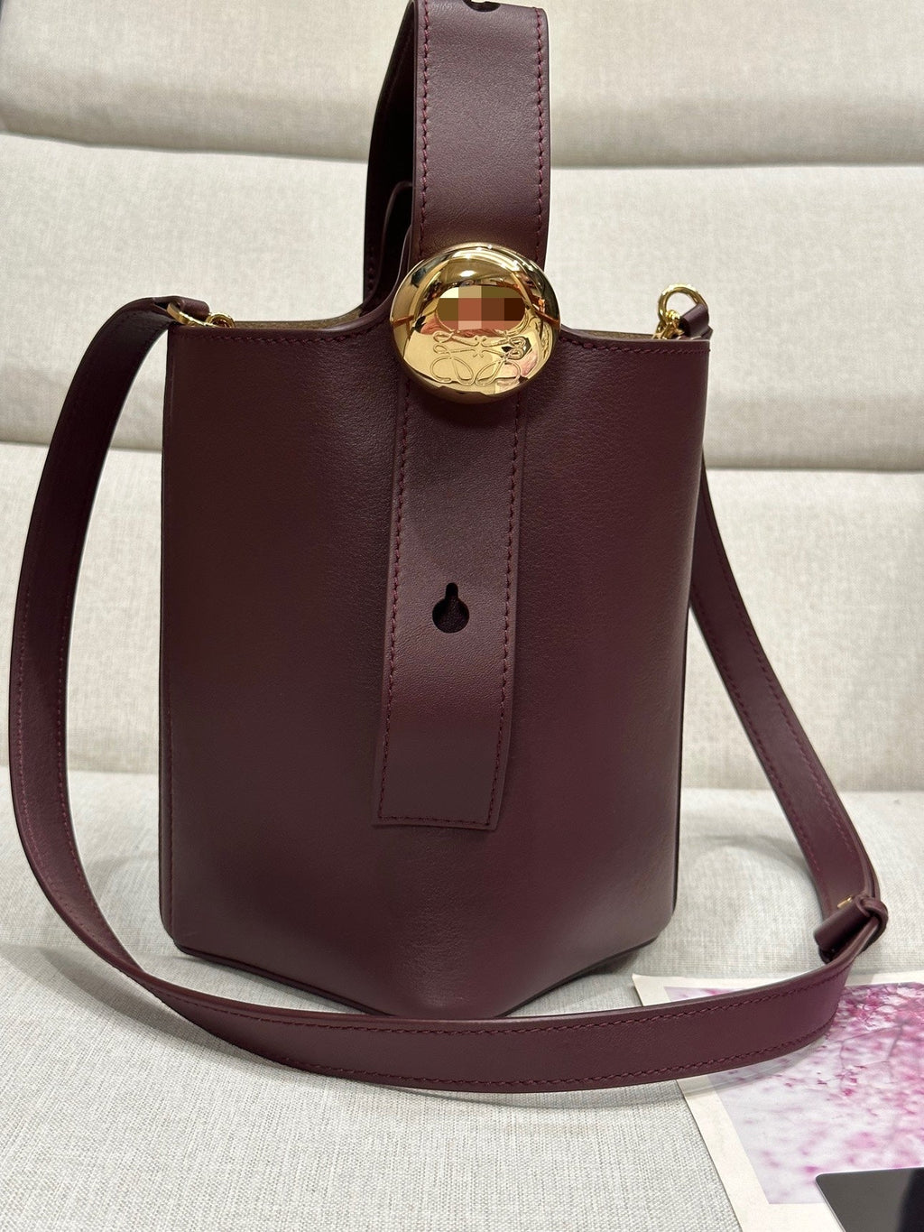 LOEWE LOE MINI 19 PEBBLE BUCKET IN DARK BURGUNDY MELLOW CALFSKIN
