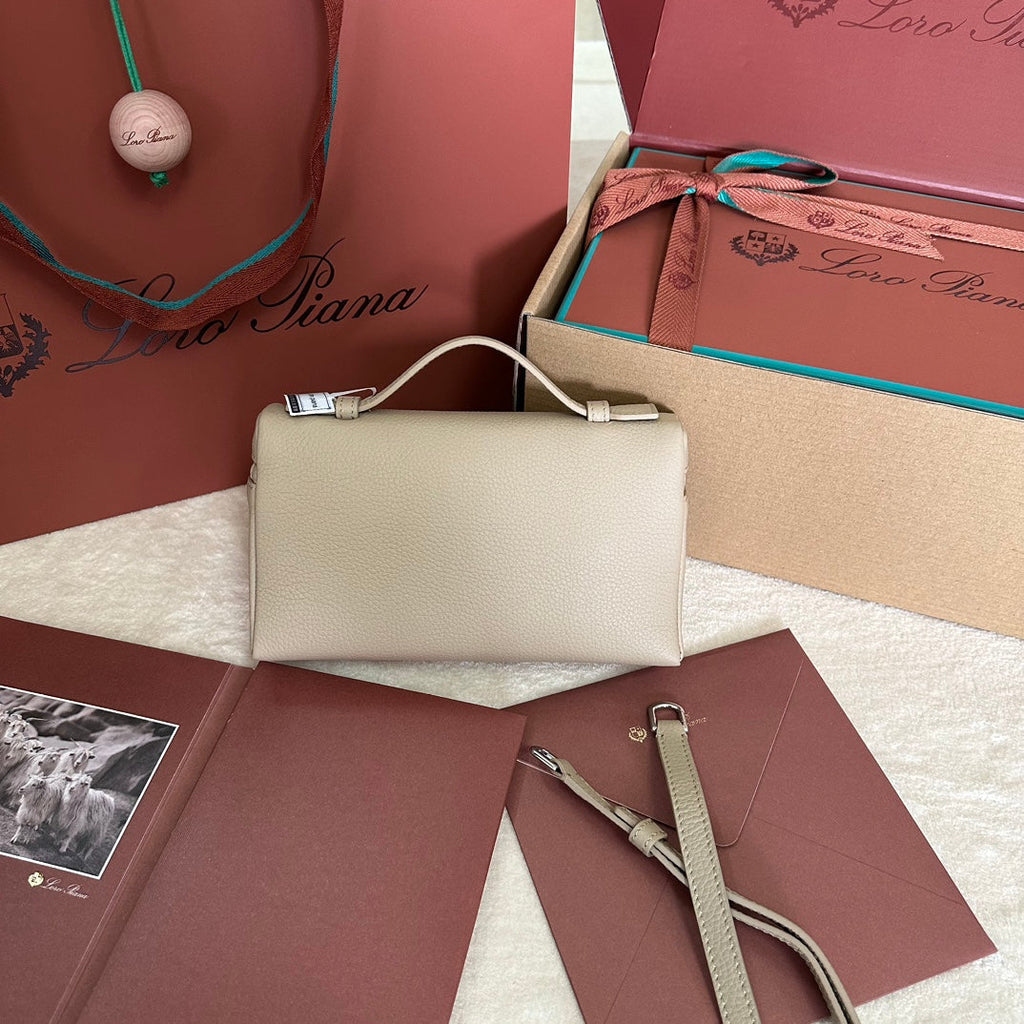 LORO PIANA EXTRA POCKET L19 IN DESERT BROWN GRAINED CALFSKIN WITH SILVER HARDWARE